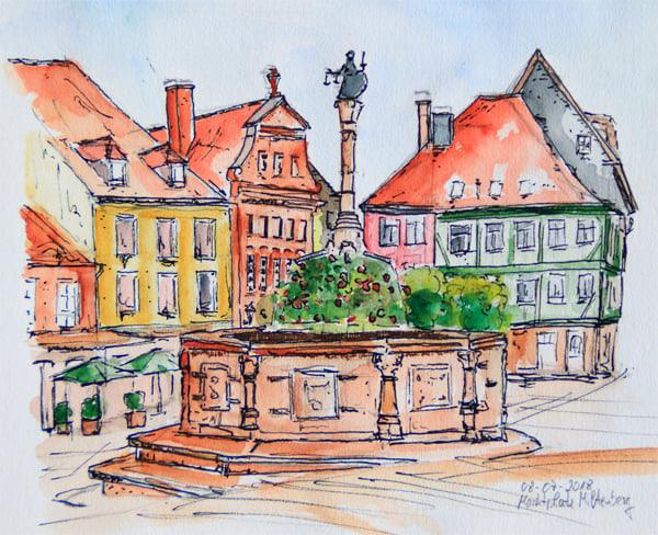 Im Rahmen des Urban Sketching entstandenes Aquarell vom Marktbrunnen in Miltenberg