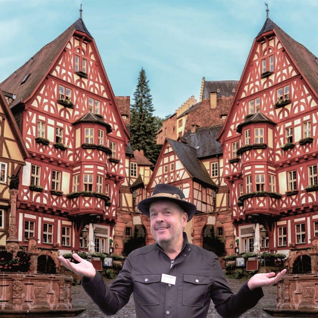 verfremdetes Bild des Miltenberger Marktplatzes mit Gästeführer Ullrich Häfner