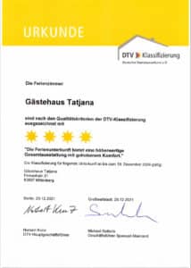 Urkunde über die vier-Sterne-Klassifizierung vom Gästehaus Tatjana in Miltenberg-Breitendiel