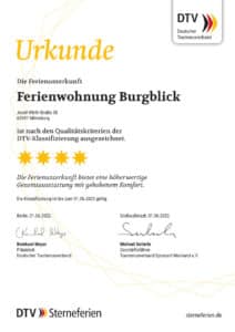 Urkunde über die vier-Sterne-Klassifizierung der Ferienwohnung Burgblick in Miltenberg