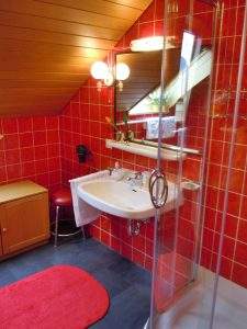 Ferienwohnung Oehmann - Das Badezimmer mit Duschkabine und Waschbecken