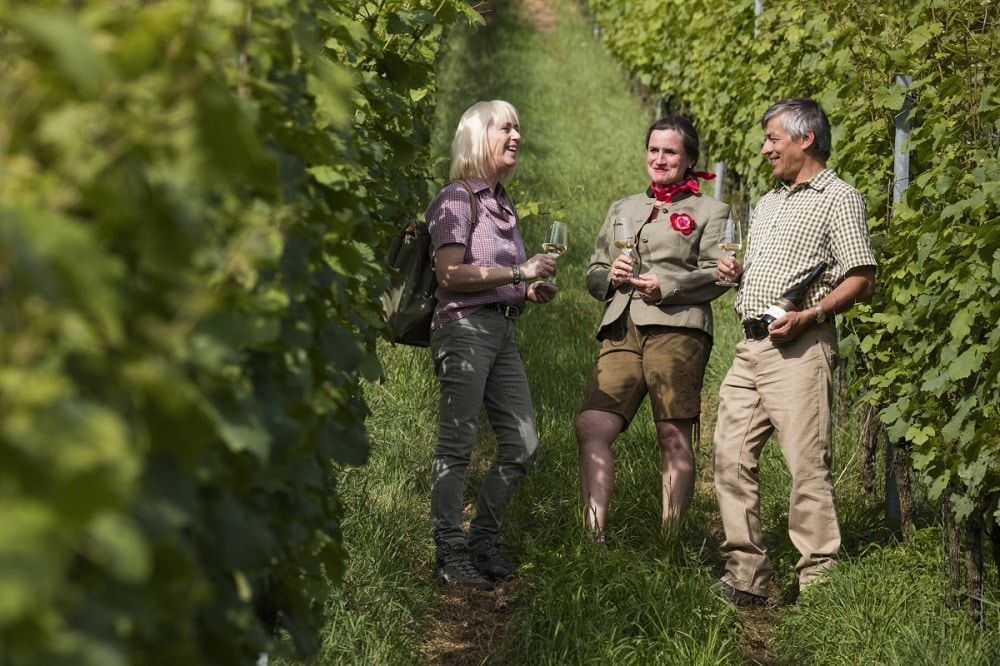 Ein Mann und zwei Frauen stehen in den Weinbergen und trinken ein Glas Wein.