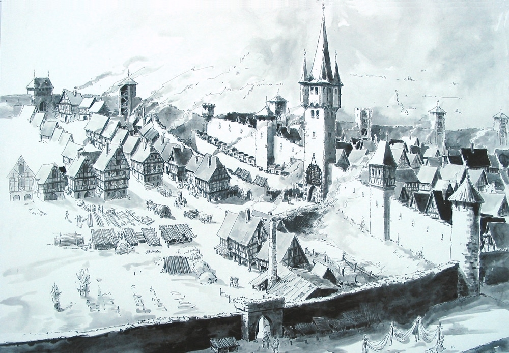 Zeichnung des Künstlers Kurt Zöller mit Wammesser Tor, Stadtmauer und heutigem Engelplatz