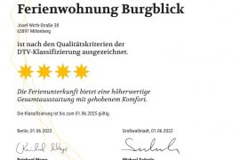 Urkunde über die vier-Sterne-Klassifizierung der Ferienwohnung Burgblick in Miltenberg