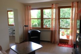 Wohnzimmer der Ferienwohnung Breunig in Bürgstadt mit Loungesessel und Zugang zum blickdicht eingewachsenen Garten