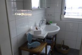 Schmales Badezimmer mit Toilette und Waschbecken.