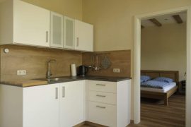 Ferienwohnung Wolfsbau in Miltenberg - Küche, dahinter das Schlafzimmer