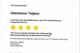 Urkunde über die vier-Sterne-Klassifizierung vom Gästehaus Tatjana in Miltenberg-Breitendiel