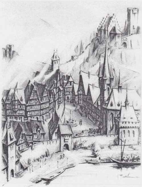 Künstlerische Darstellung der Marktplatzes um 1800 - gezeichnet von Kurt W. Zöller im 20. Jahrhundert