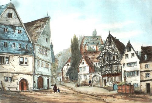 Ansicht des Miltenberger Marktplatzes Anfang des 19. Jahrunderts - Aquarell von Amelya Murray